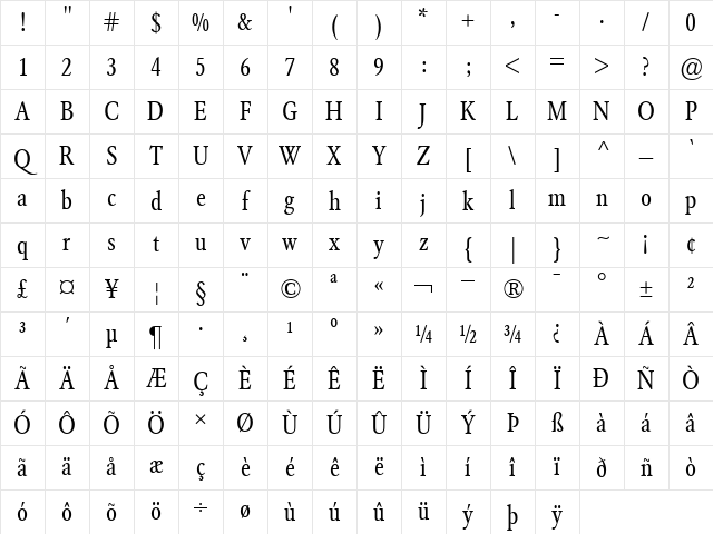 GaramondBE-Condensed Roman Character Map GaramondBE-Condensed Roman Character Map