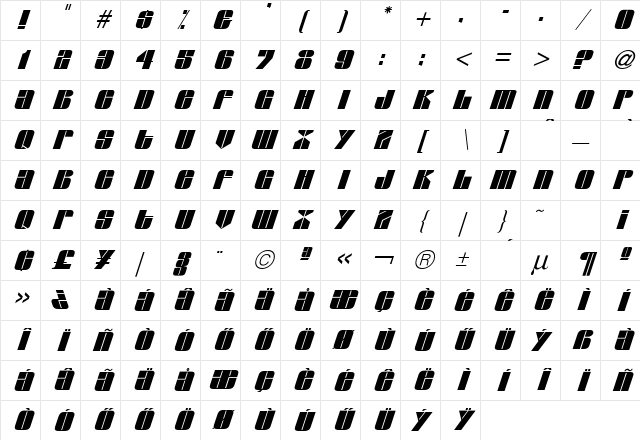 Glacier HU Italic Character Map Glacier HU Italic Character Map