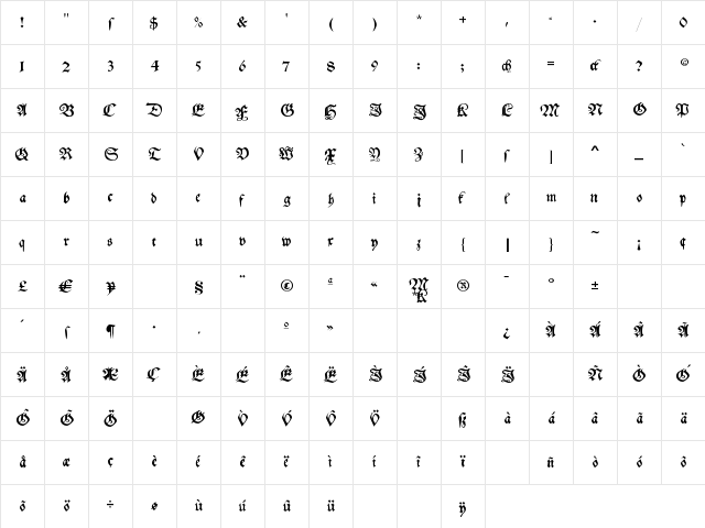 MyElectronicSchwabach Regular Character Map MyElectronicSchwabach Regular Character Map