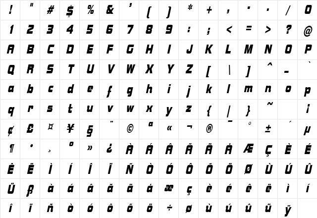 NutsCondensed Oblique Character Map NutsCondensed Oblique Character Map