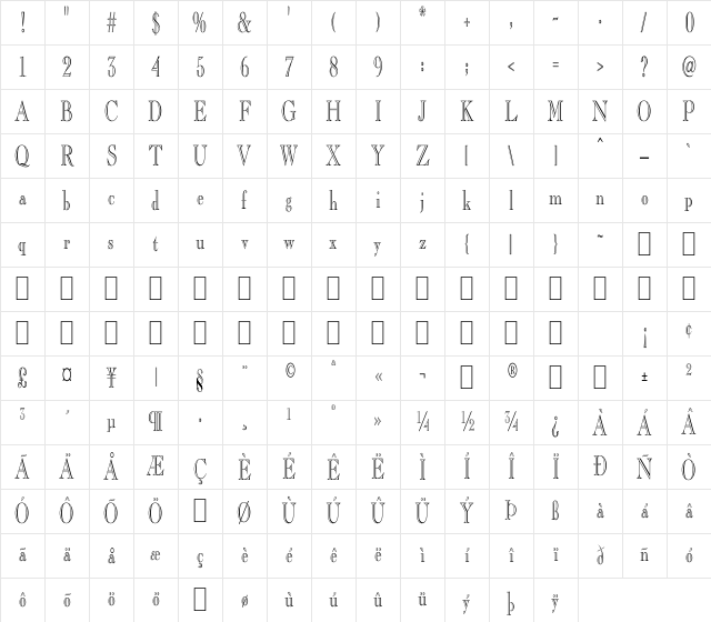 BD Engaved Narrow Regular Character Map BD Engaved Narrow Regular Character Map