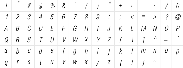 SwitzerlandCondLightItalic Regular Character Map SwitzerlandCondLightItalic Regular Character Map