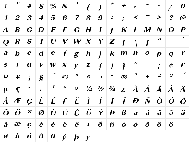 URWImperialTExtBolExtWid Oblique Character Map URWImperialTExtBolExtWid Oblique Character Map