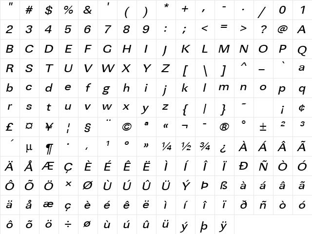 URWLinearTMedExtWid Oblique Character Map URWLinearTMedExtWid Oblique Character Map