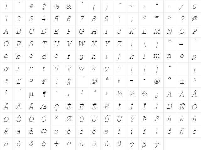 URWTypewriterTExtLigNar Oblique Character Map URWTypewriterTExtLigNar Oblique Character Map